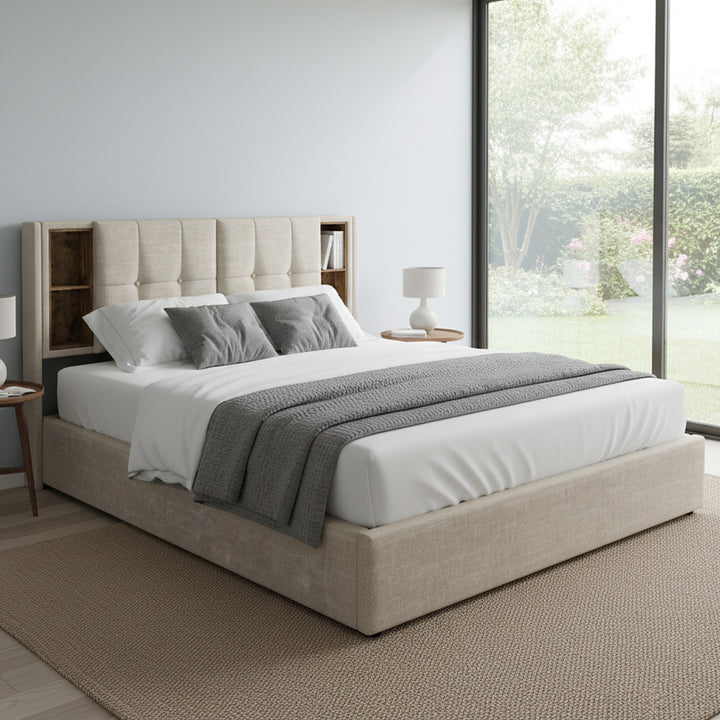 Beige linen upholstered gas lift storage double bed + wireless charging headboard OGAET BEIGE DOUBLE UK