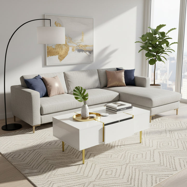 White high-gloss coffee table gold accents GUKTEKS UK