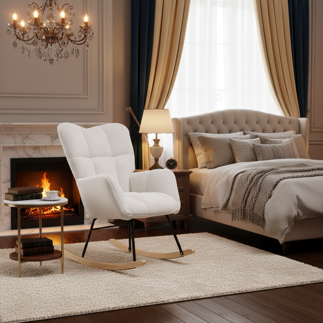 Ivory white teddy fabric tufted upholstered rocking chair SIHID UK