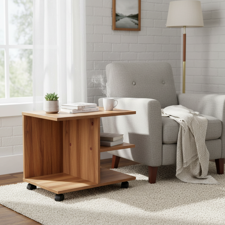 Mobile side table with open shelving and castor wheels WENDY WALNUT