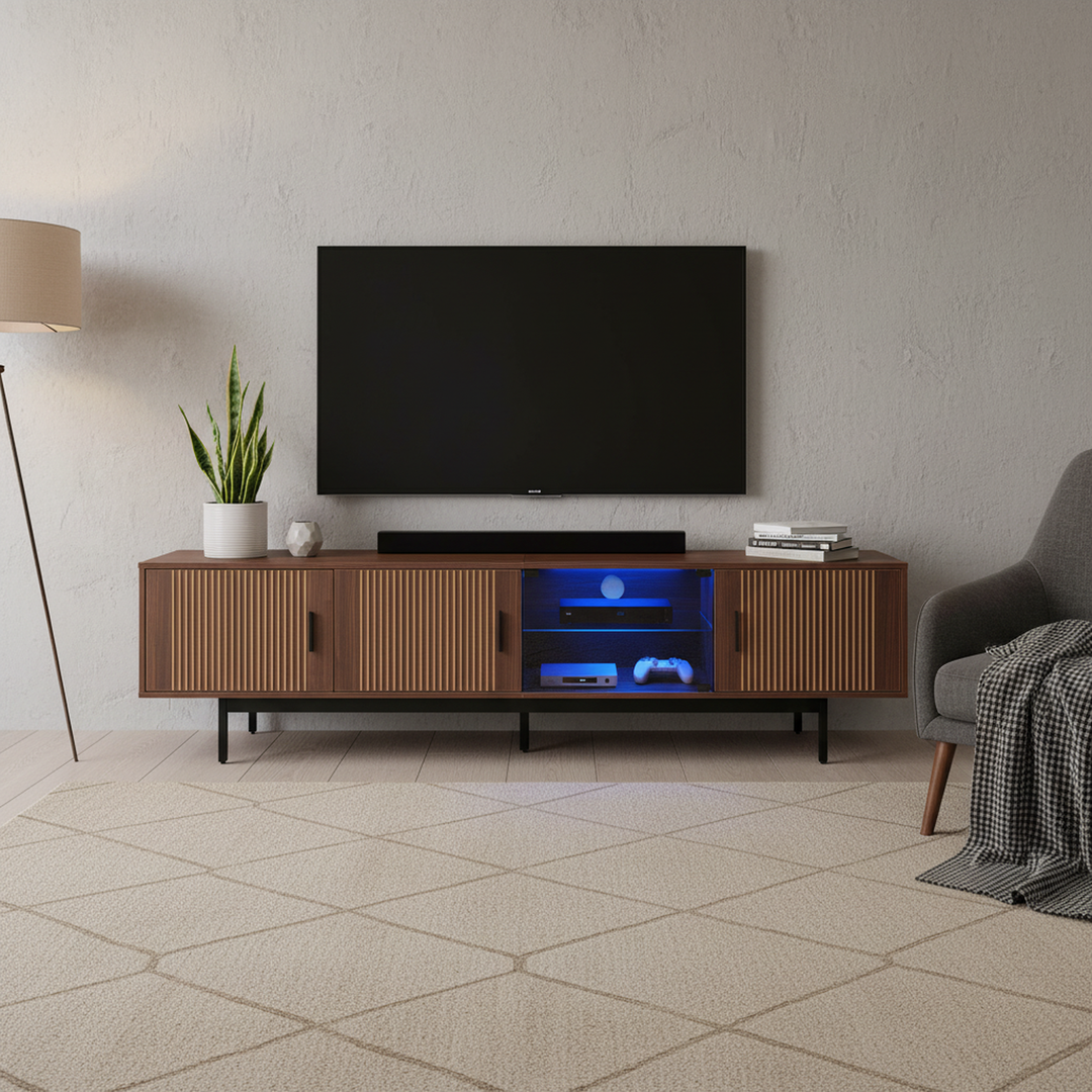 Vintage carved wood textured TV Stand with LED lighting and glass door AMPHIBIAN