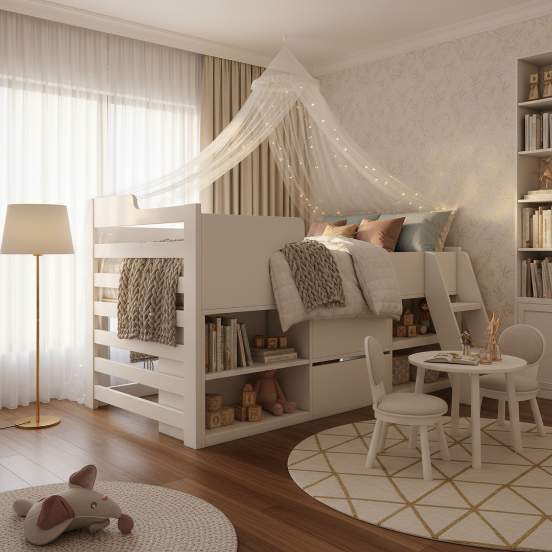 White wooden children cabin bed frame mid sleeper with drawers shelf storage MORNUL UK