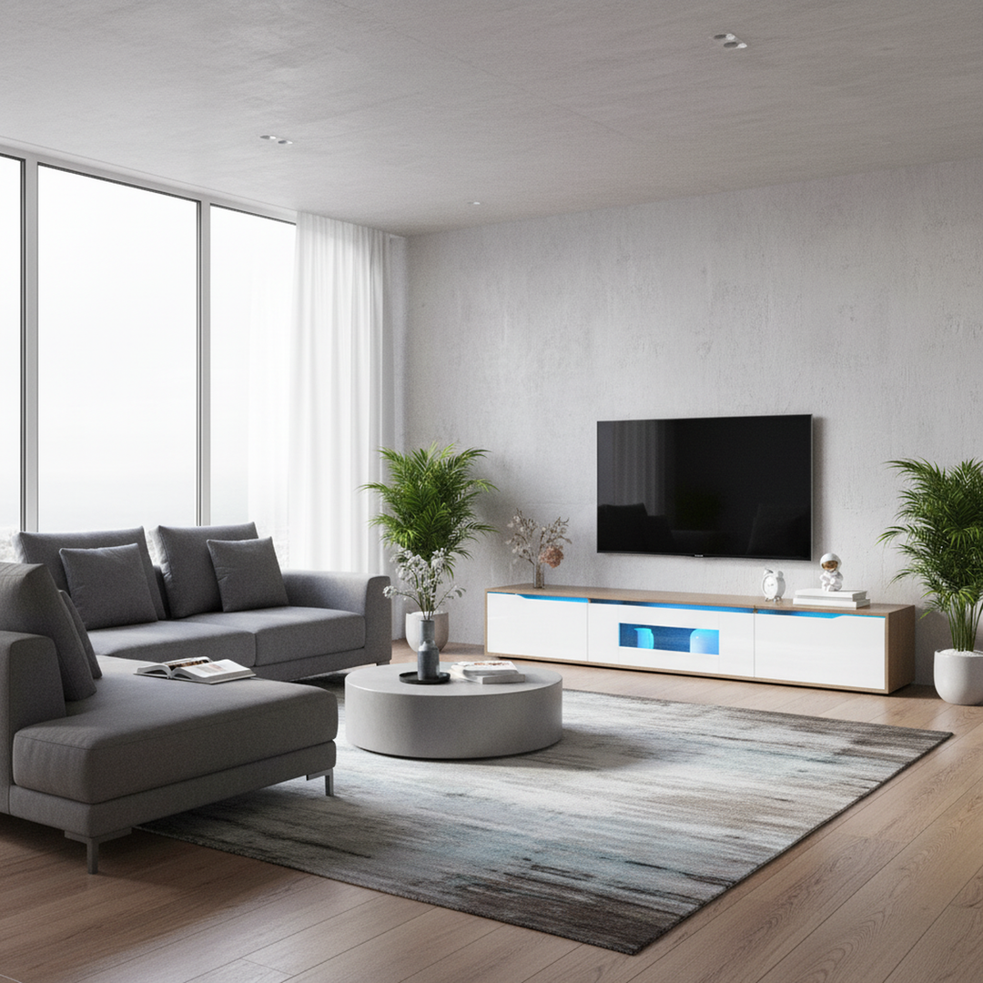 White high gloss suspended TV Stand with LED Light SHELZIDS UK