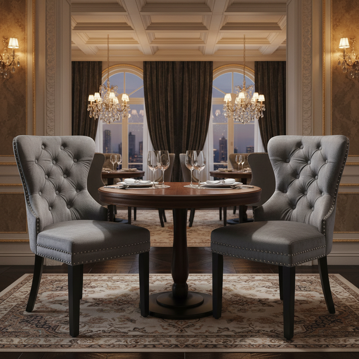 Set of 2 dark grey velvet upholstery button dining chairs with oak black legs with stud LEPROSE