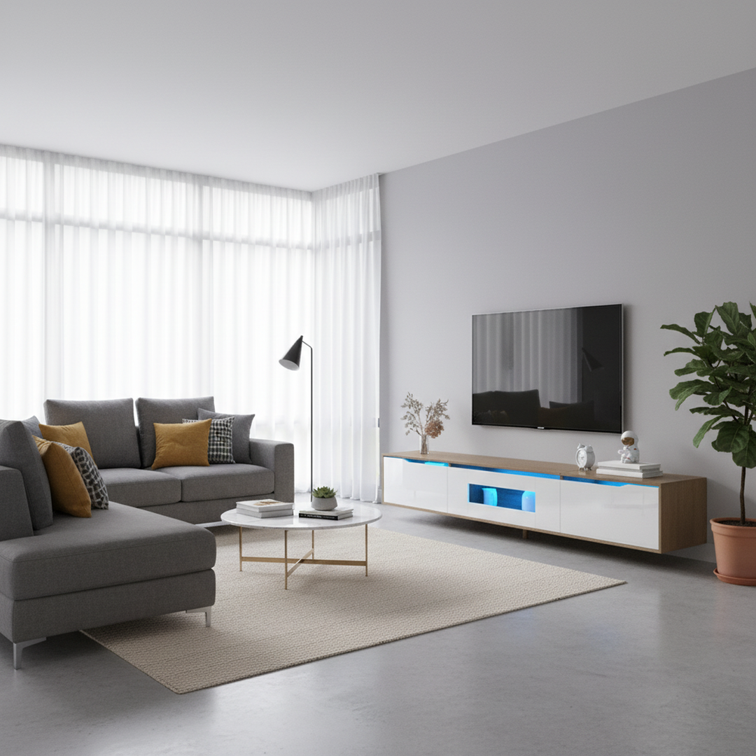 White high gloss suspended TV Stand with LED Light SHELZIDS UK