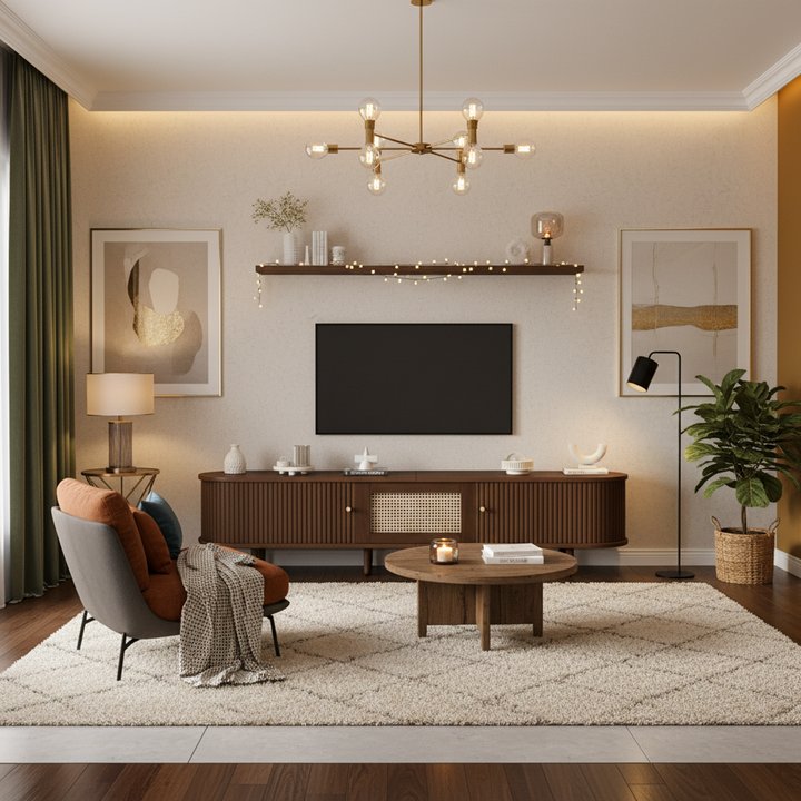 Retro walnut TV stand oval rounded corners 2 slide doors 180×40×40cm SOREN