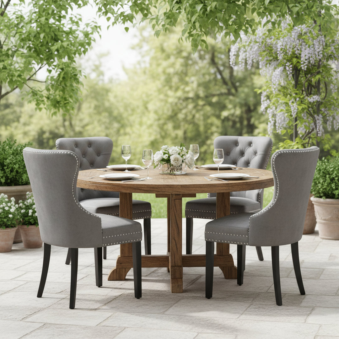 Set of 2 dark grey velvet upholstery button dining chairs with oak black legs with stud LEPROSE