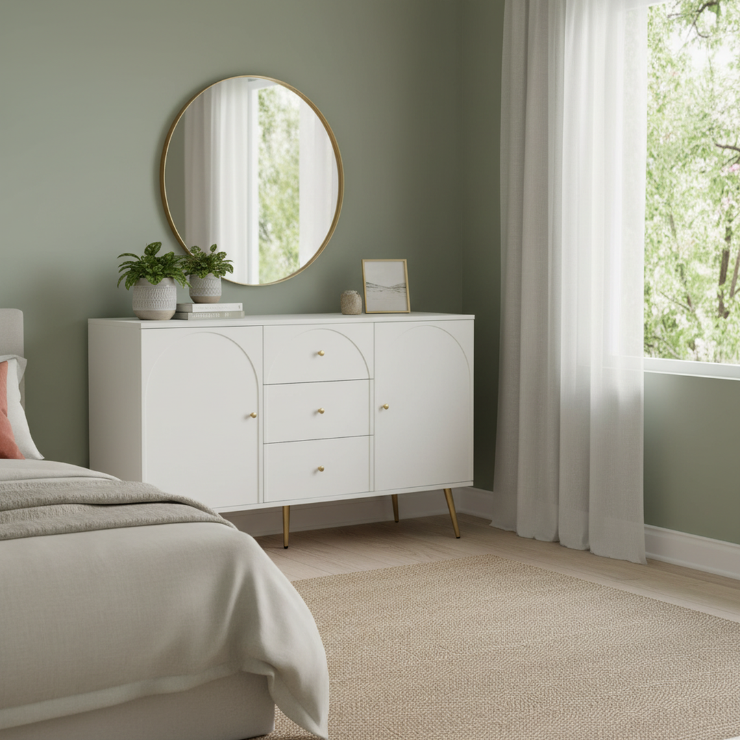 Cream ivory sideboard with gold accents with 2 doors and 3 drawers 40Dx140Wx84Hcm SENPHOS UK