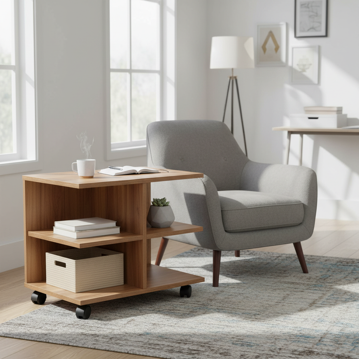 Mobile side table with open shelving and castor wheels WENDY WALNUT