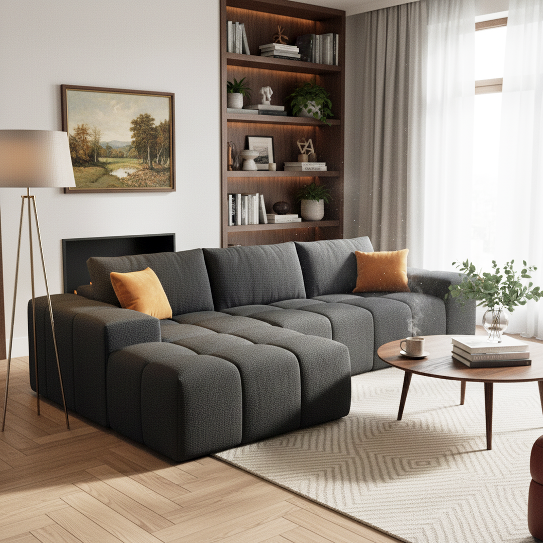 L shaped dark grey chenille sofa no assembly INFINITESOL