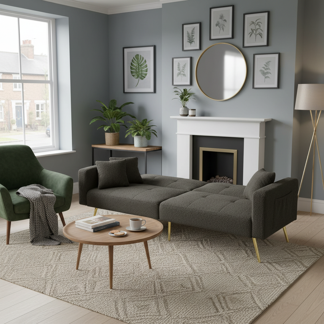 Dark grey sherpa 2-seater sofa bed with gold legs, cushions and side storage pockets VESPERA