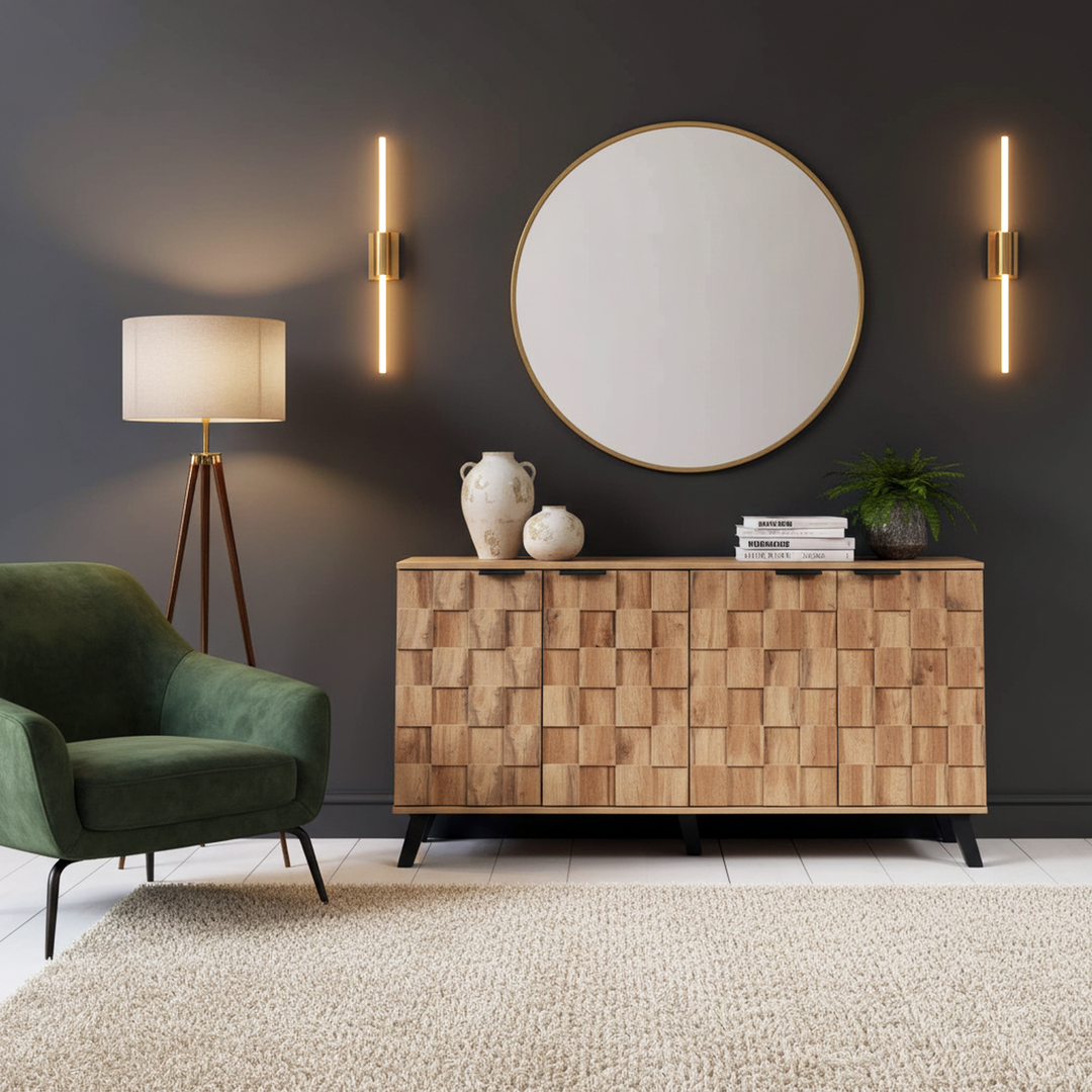 Vintage sideboard textured oak look 3D square front 4 doors and adjustable shelves 150×35×78cm LYSOGEN