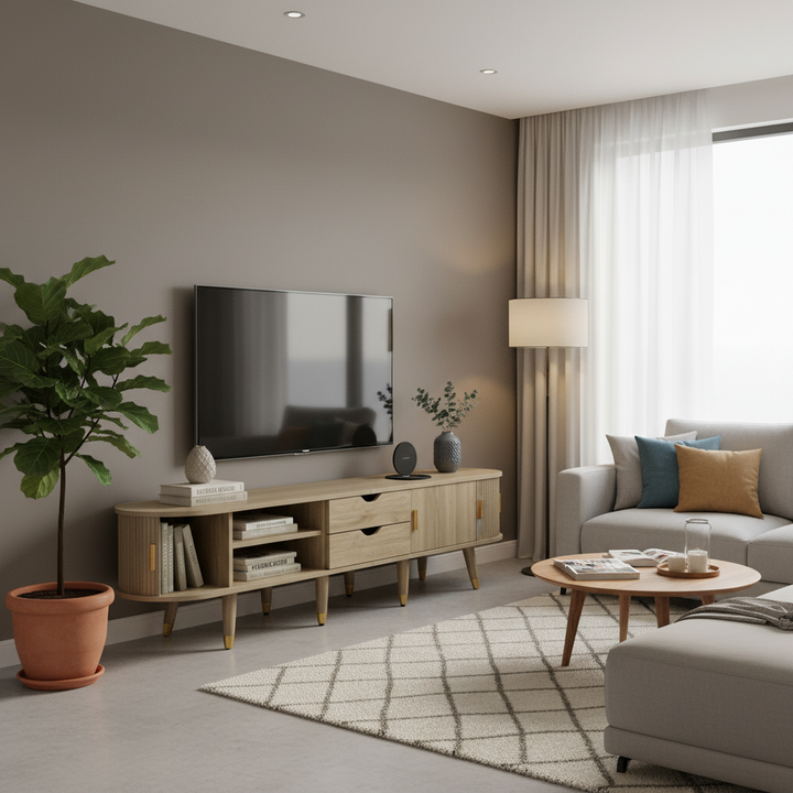 Light oak textured TV stand with 2 sliding doors and 2 drawers NANOFIB