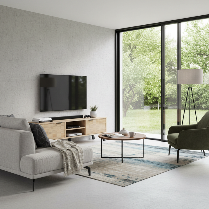 Vintage wood look TV stand with 2 doors and open shelves DECOMPOS