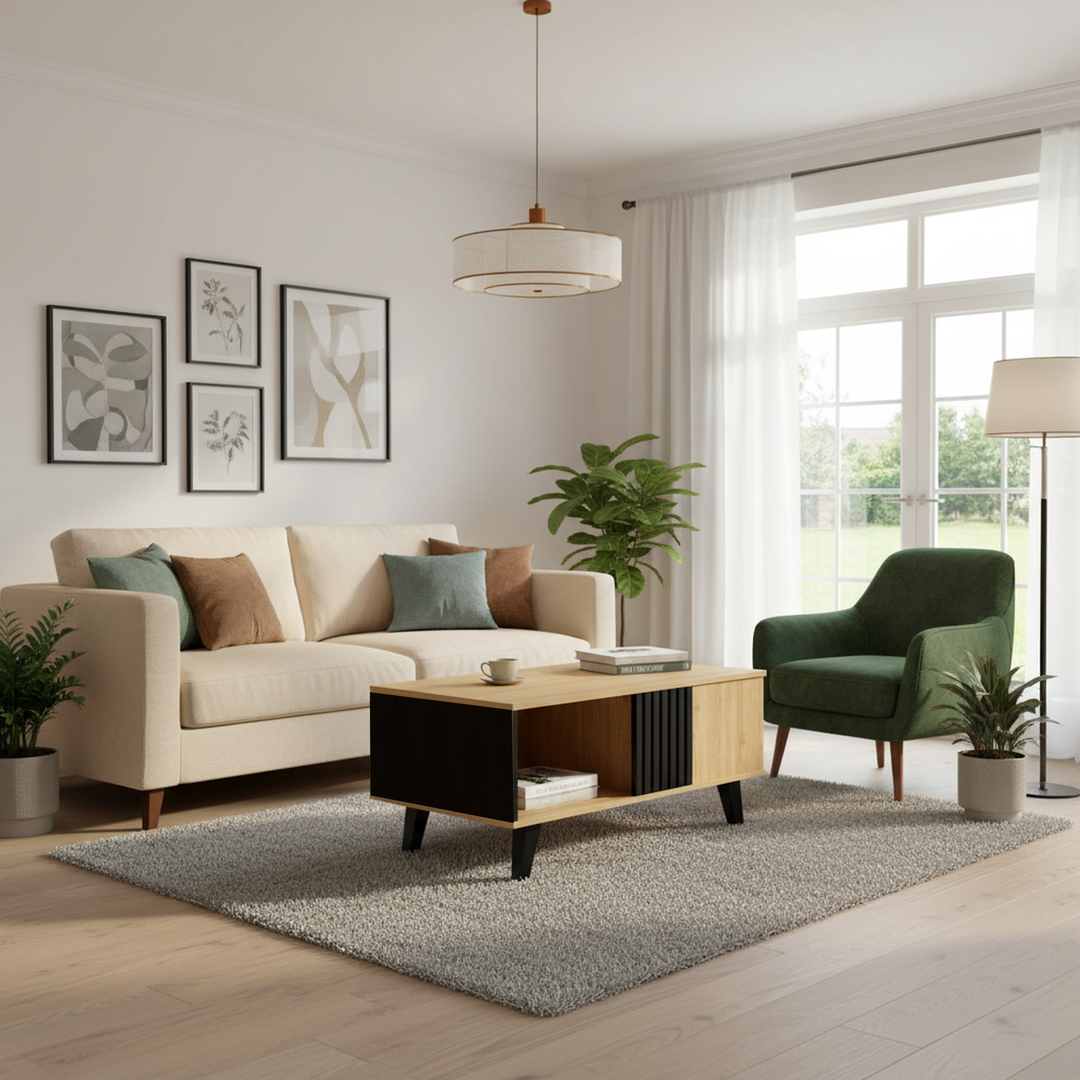 Modern wooden coffee table with black striped design, drawers & side storage WINGSEED