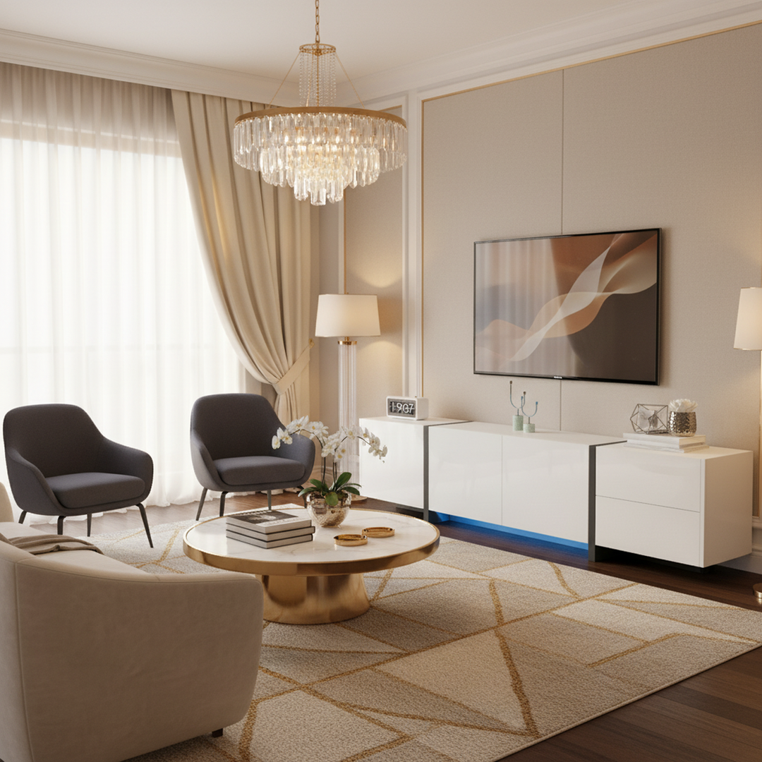 High gloss black &amp; white TV cabinet with LED and versatile storage BLADE