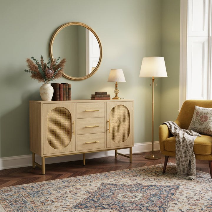 Faux rattan wood aspect sideboard 2 doors 3 drawers 120x40x74cm VIGOIH UK