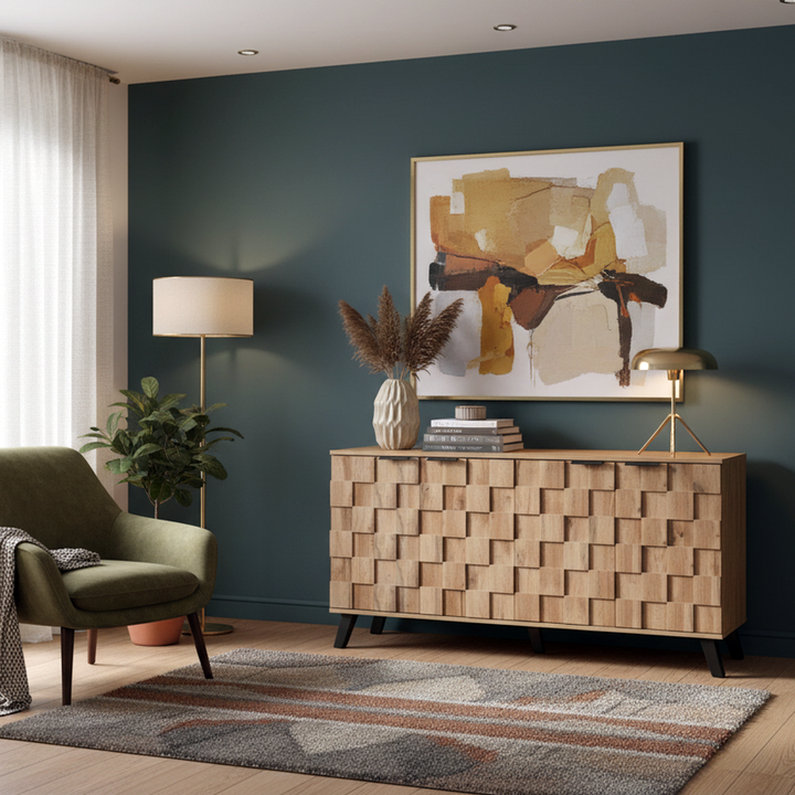 Vintage sideboard textured oak look 3D square front 4 doors and adjustable shelves 150×35×78cm LYSOGEN