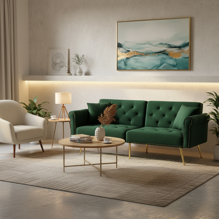 Green velvet 2-seater sofa bed with adjustable backrest and gold legs CAKDERA