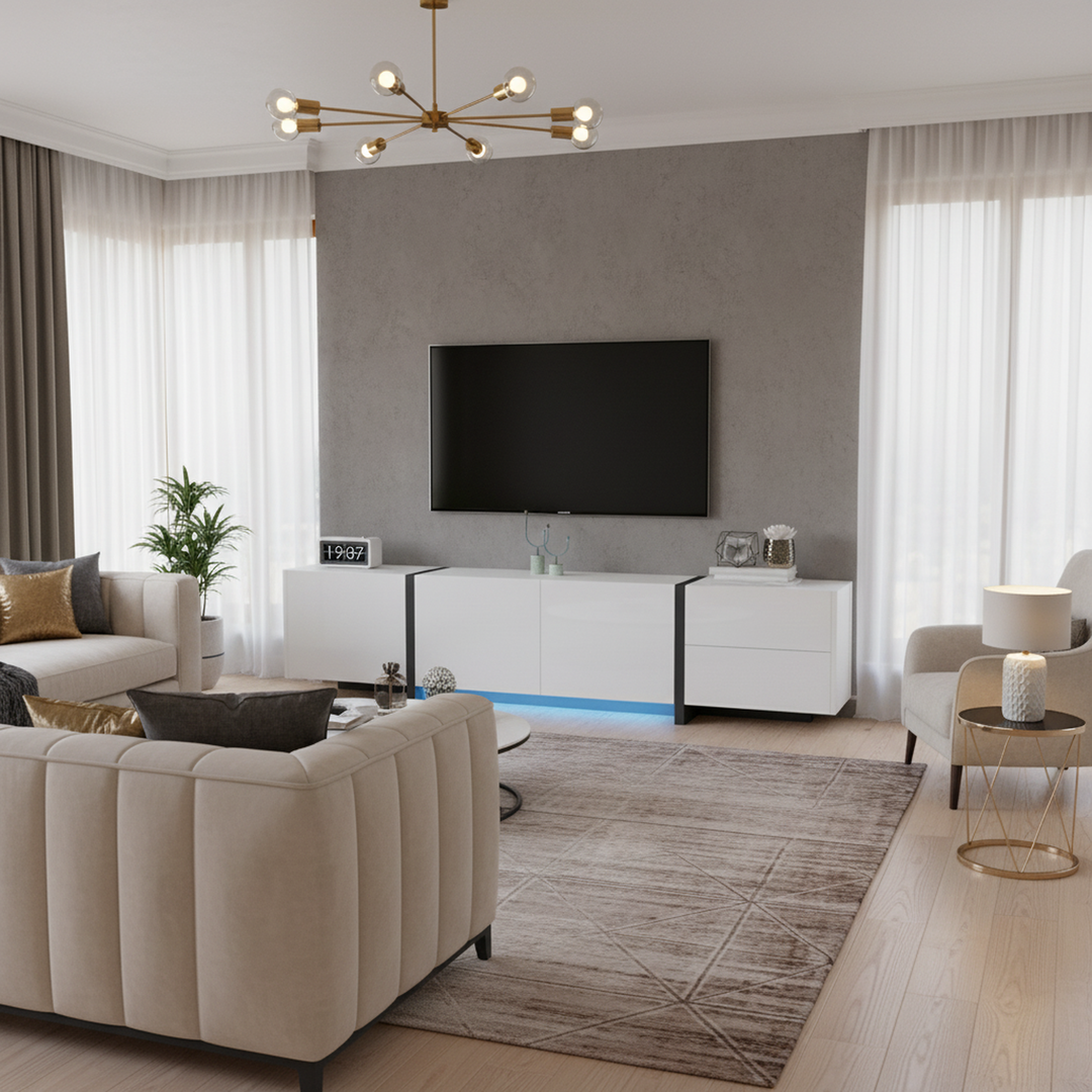 High gloss black &amp; white TV cabinet with LED and versatile storage BLADE