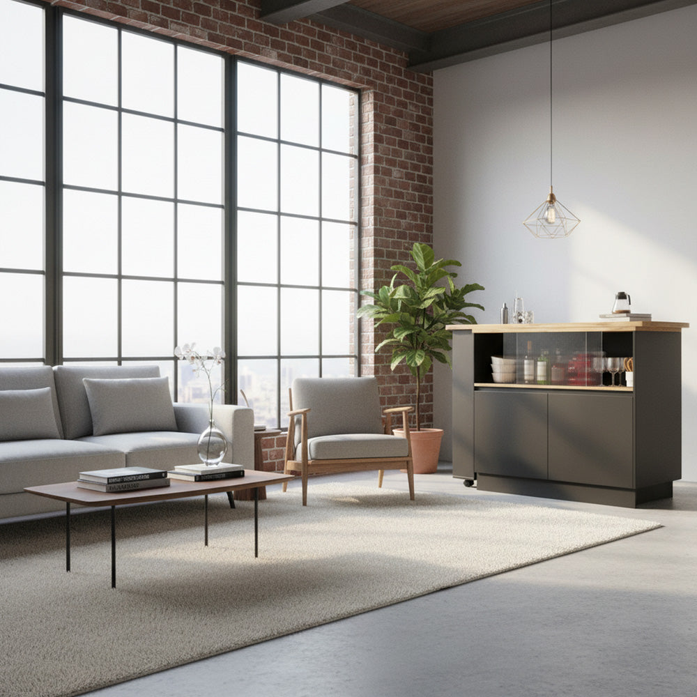 Black versatile 360° revolving dining bar table with sliding fluted glass doors GHENS BLACK UK