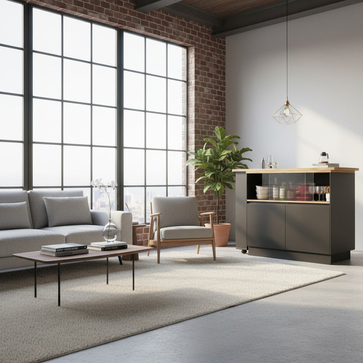 Black versatile 360° revolving dining bar table with sliding fluted glass doors GHENS BLACK UK