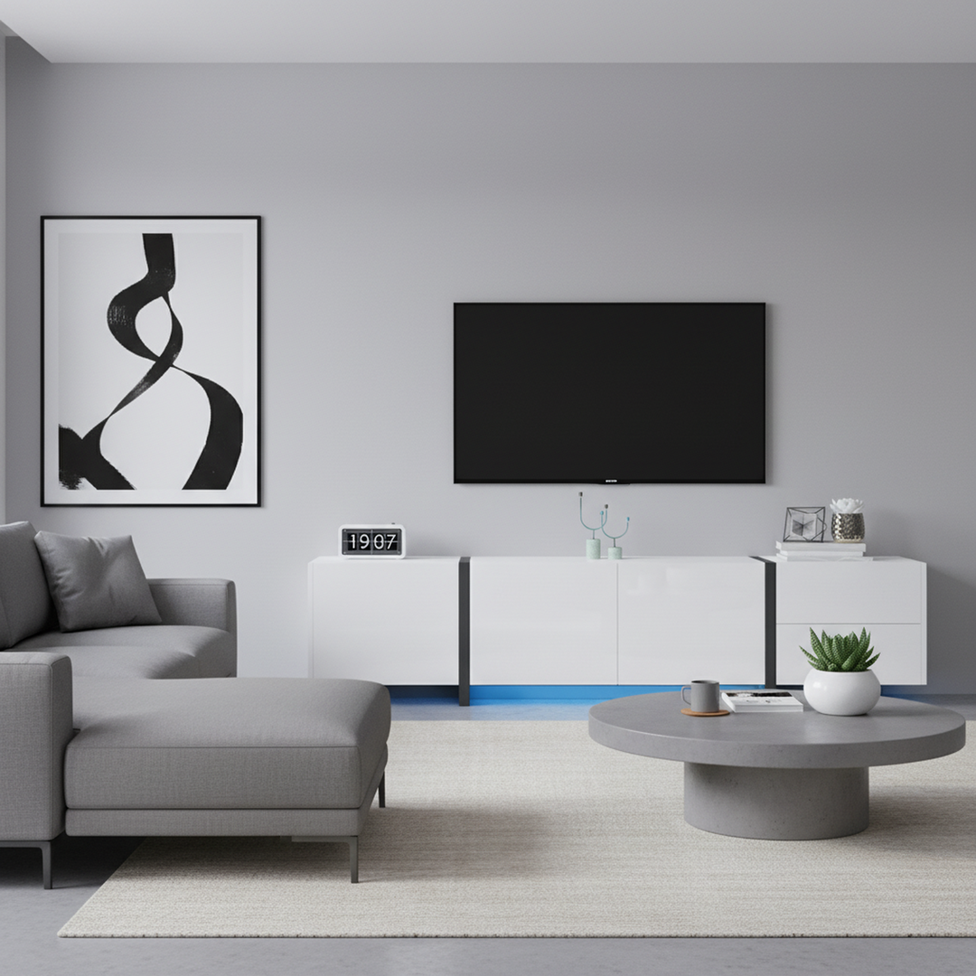 High gloss black &amp; white TV cabinet with LED and versatile storage BLADE