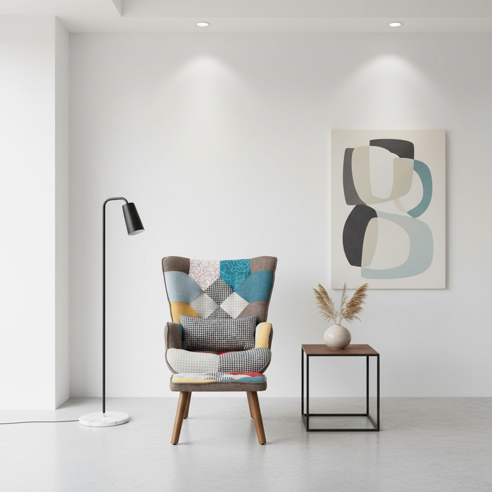 Multi-colour patchwork wingback lounge chair with footrest, backrest and cushion FINKAR UK