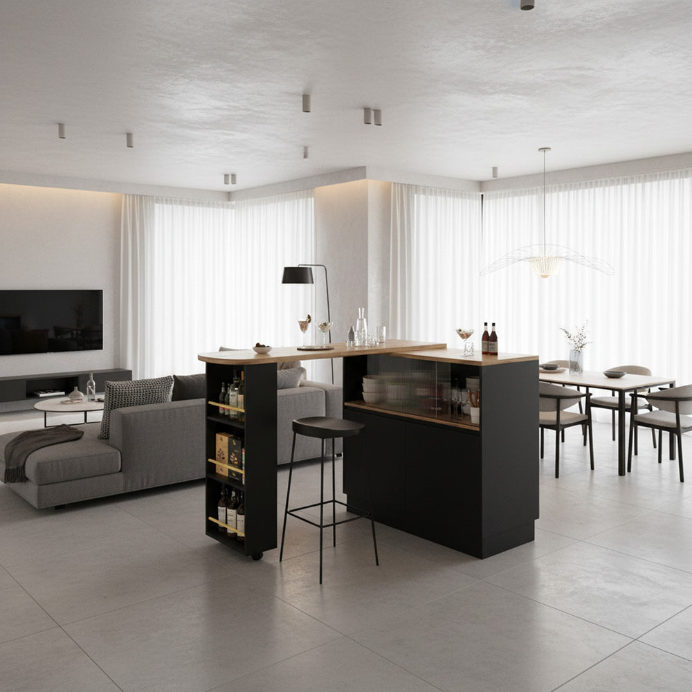 Black versatile 360° revolving dining bar table with sliding fluted glass doors GHENS BLACK UK