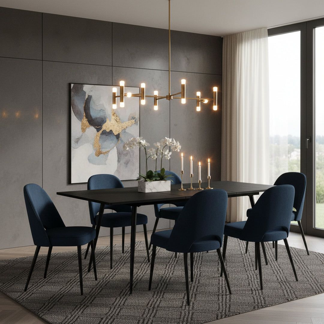 Rectangular extendable black dining room table with Scandinavian style wood effect gold dot feet 120-160 cm WHALEN DARK WOOD STRETCH TABLE BG