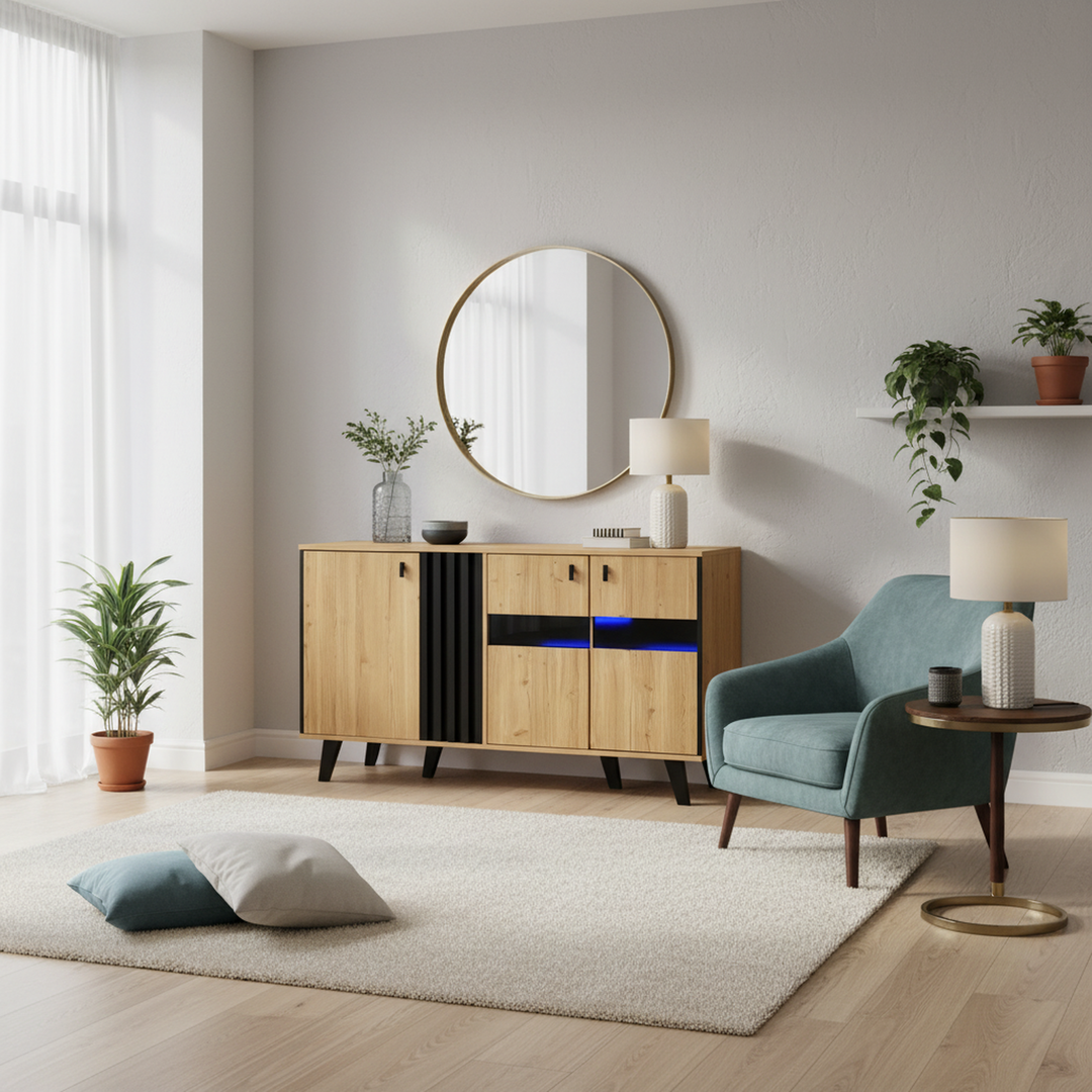 Modern wooden sideboard wood &amp; stripped black with LED lighting APOTHECI