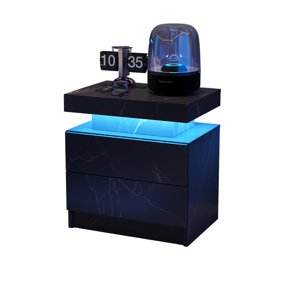 Black marble-look nightstand LED bedside table cabinet with 2 drawers FROSTWORK