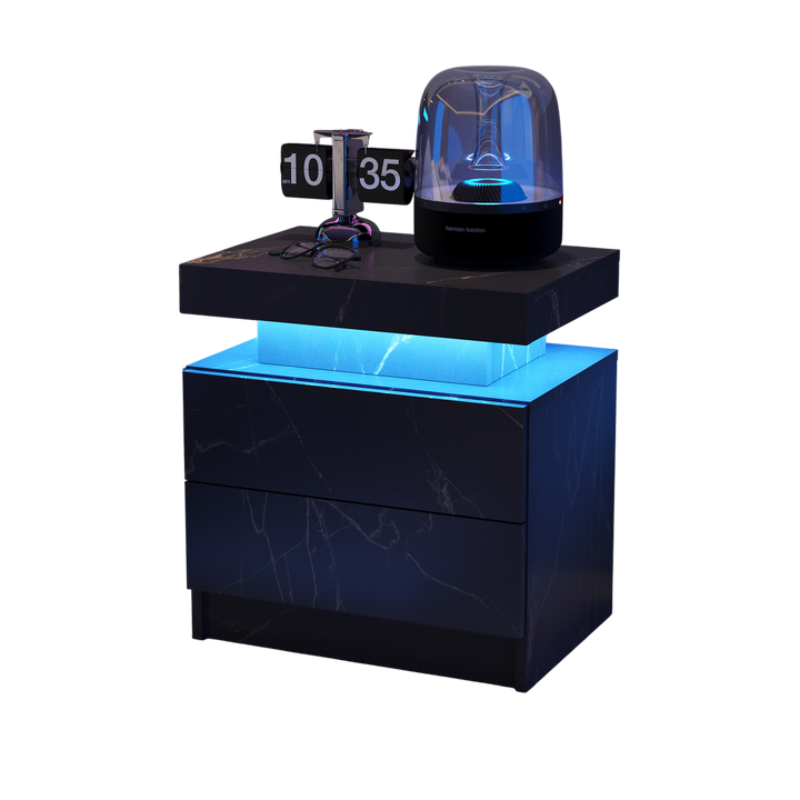 Black marble-look nightstand LED bedside table cabinet with 2 drawers FROSTWORK