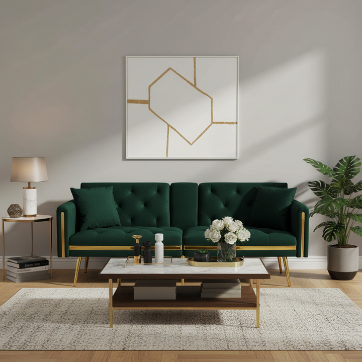 Green tufted velvet 2-seater sofa bed with adjustable backrest and hidden cup holders golden accent HYDROPON