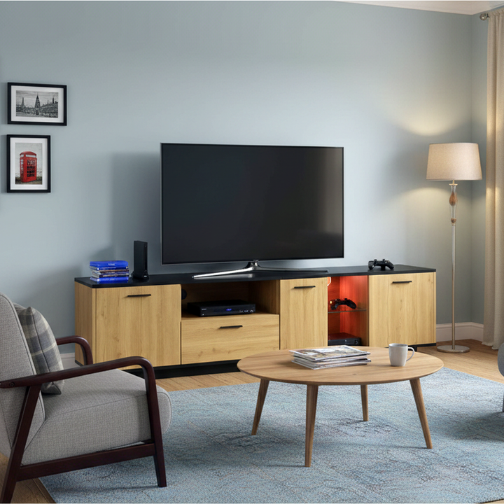 Black wooden TV cabinet with 3 doors & LED lighting INDUSIUM