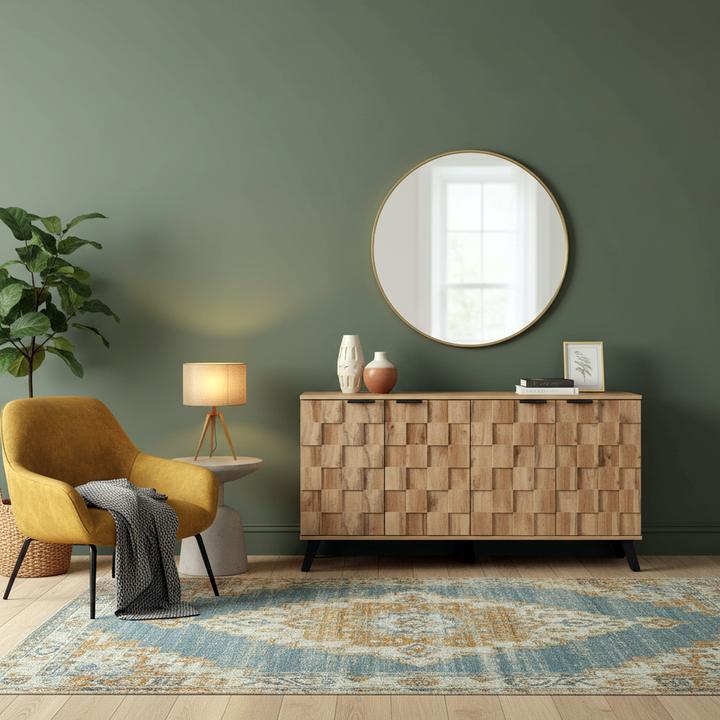 Vintage sideboard textured oak look 3D square front 4 doors and adjustable shelves 150×35×78cm LYSOGEN