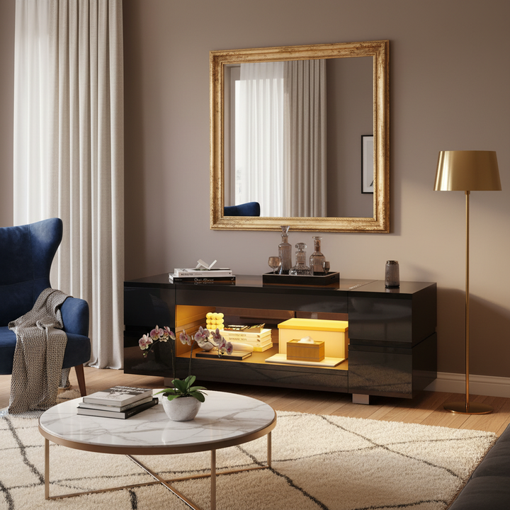 Black hollow LED coffee table with open storage and glass top 100×50×35cm SEAHORSETAIL