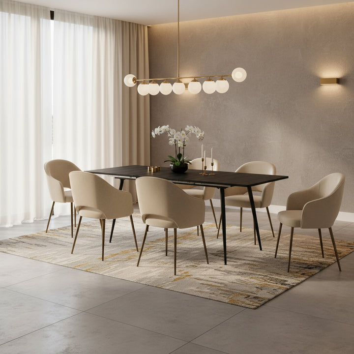 Rectangular extendable black dining room table with Scandinavian style wood effect gold dot feet 120-160 cm WHALEN DARK WOOD STRETCH TABLE BG