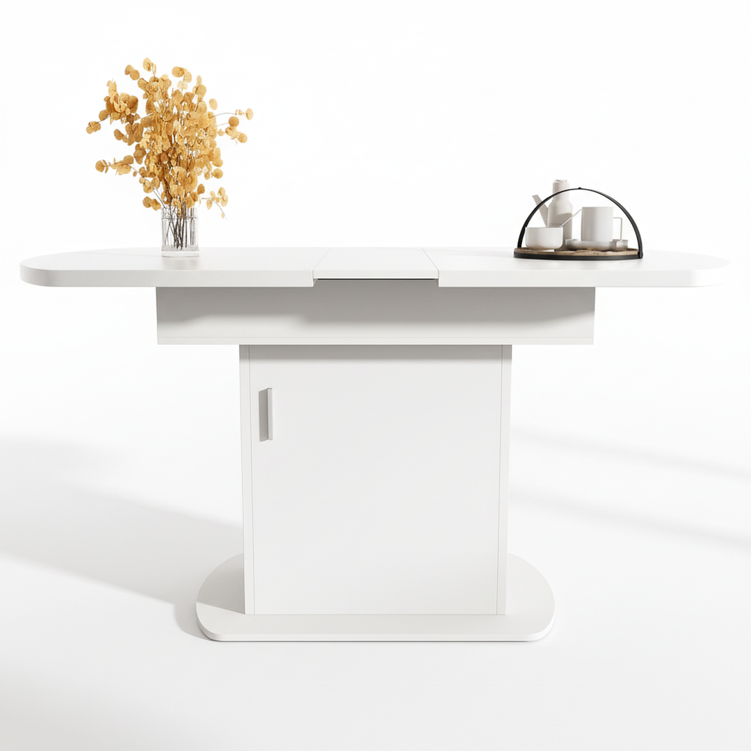 White extendable oval dining table with built-in storage 110-130×70cm SKELETAL