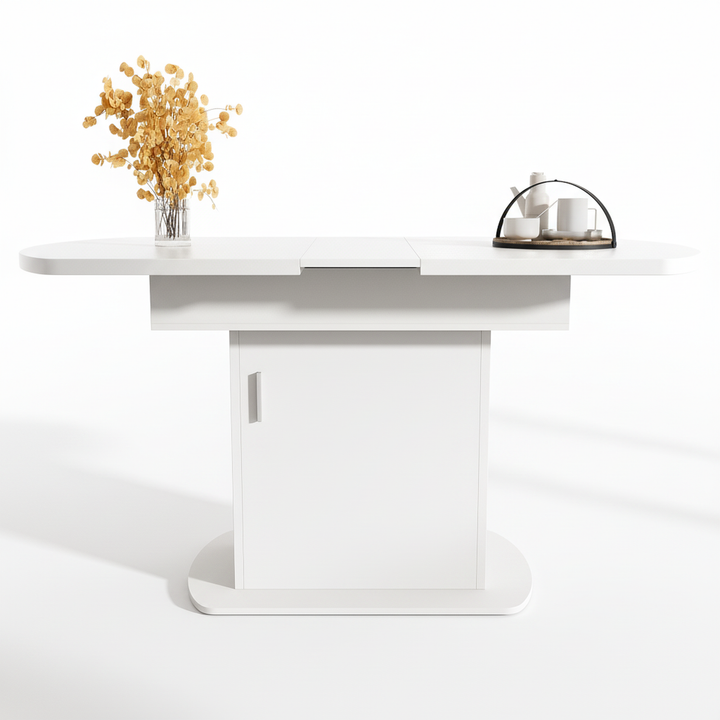 White extendable oval dining table with built-in storage 110-130×70cm SKELETAL