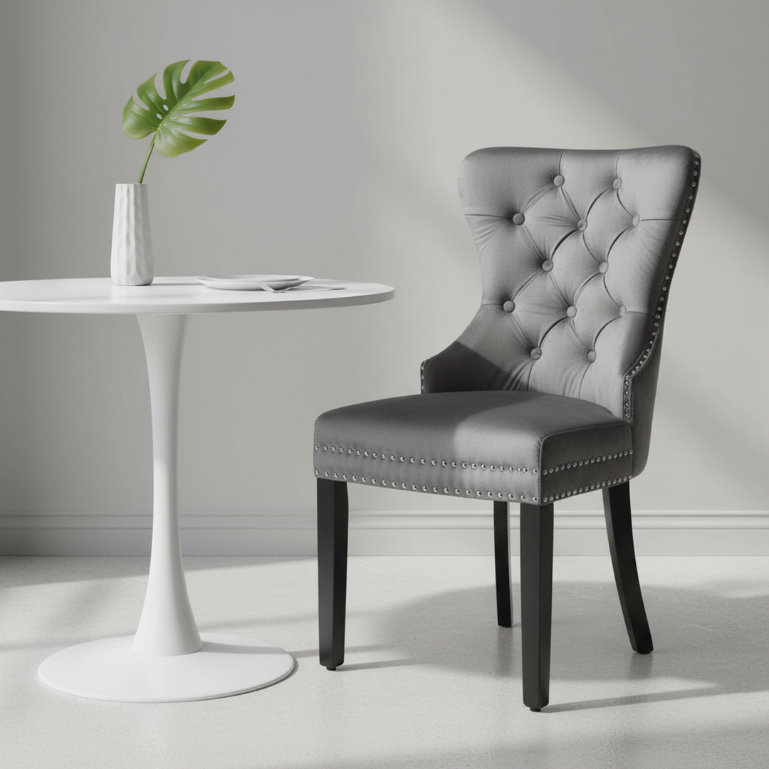 Set of 2 dark grey velvet upholstery button dining chairs with oak black legs with stud LEPROSE
