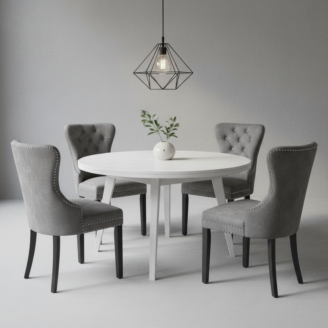 Set of 2 dark grey velvet upholstery button dining chairs with oak black legs with stud LEPROSE