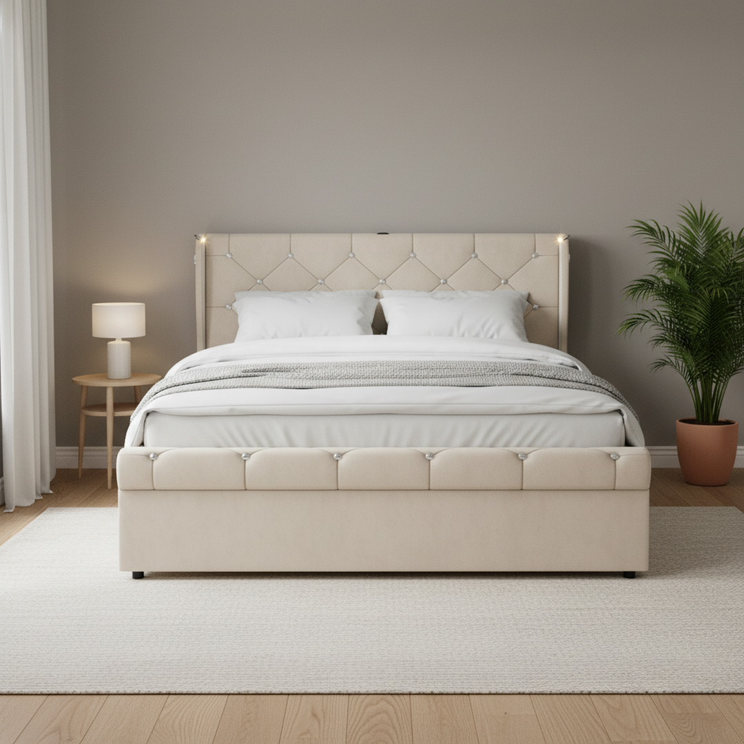 Beige velvet tufted upholstered ottoman double bed end opening (135x190cm) RADIOLARI