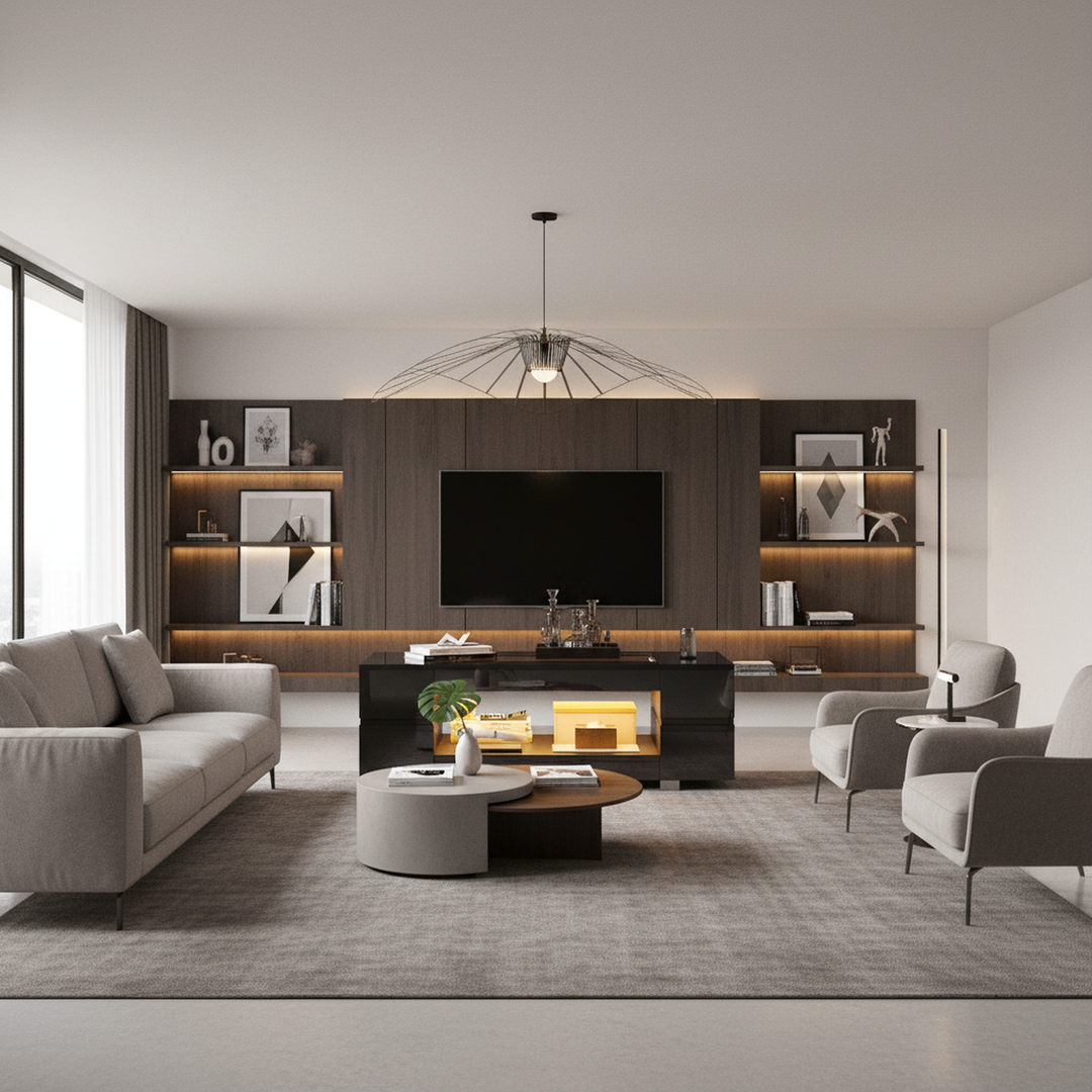 Black hollow LED coffee table with open storage and glass top 100×50×35cm SEAHORSETAIL