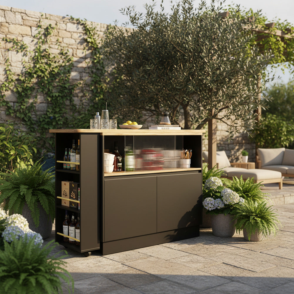 Black versatile 360° revolving dining bar table with sliding fluted glass doors GHENS BLACK UK