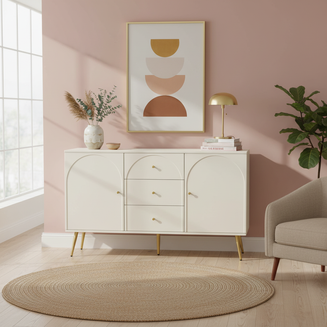 Cream ivory sideboard with gold accents with 2 doors and 3 drawers 40Dx140Wx84Hcm SENPHOS UK