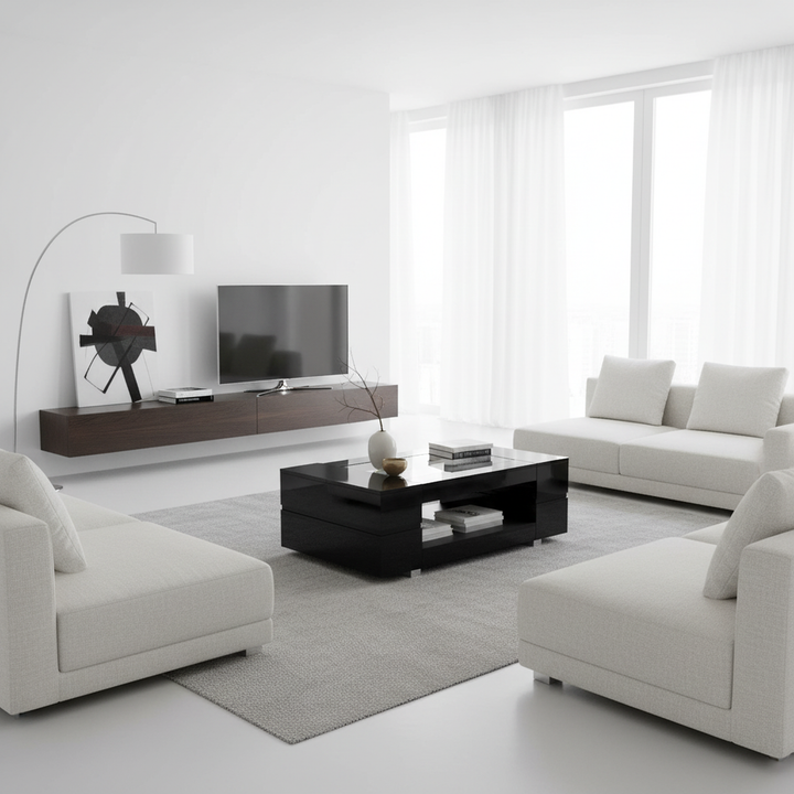 Black hollow LED coffee table with open storage and glass top 100×50×35cm SEAHORSETAIL