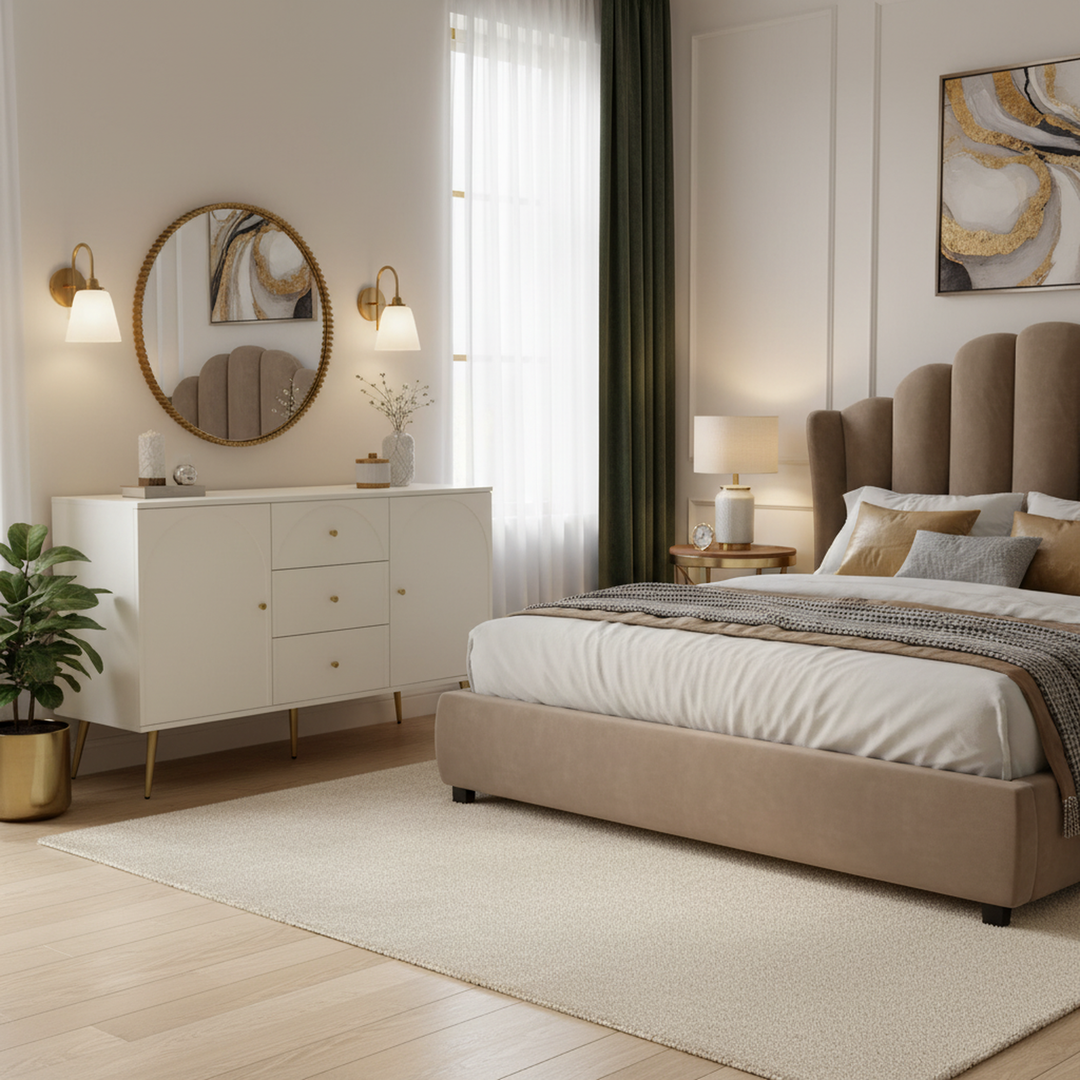 Cream ivory sideboard with gold accents with 2 doors and 3 drawers 40Dx140Wx84Hcm SENPHOS UK