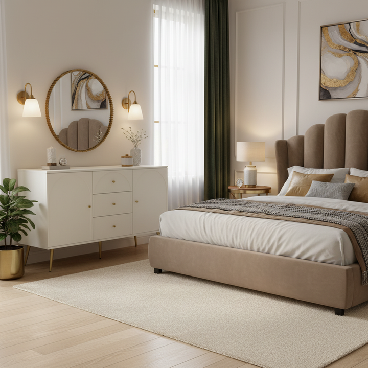 Cream ivory sideboard with gold accents with 2 doors and 3 drawers 40Dx140Wx84Hcm SENPHOS UK