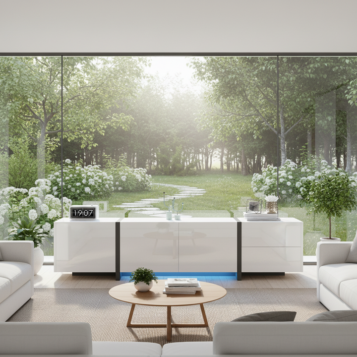 High gloss black &amp; white TV cabinet with LED and versatile storage BLADE